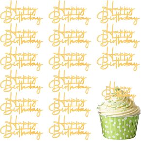 15 Pcs Happy Birthday Cupcake Toppers, Gold Happy Birthday Cake Topper Acrylic Cake Topper Gold Cupcake Toppers Cakes Decoration for Party Celebration Dessert Decor Accessories Cakes Supplies in Kuwait