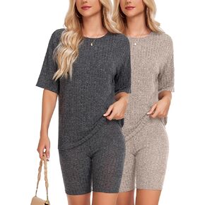Aranmei 2 Pack Women's Lounge Sets بيجامة مجموعة مضلع متماسكة مطابقة تي شيرت وسروال السائق ملابس النوم ملابس النوم in Kuwait