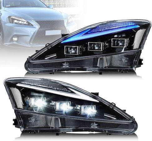 مصابيح أمامية LED كاملة من VLAND لـ [Lexus IS250 IS350 ISF IS 220d 2006-2012، ISF 2008-2014] مع الرسوم المتحركة لبدء التشغيل Bule DRL وإشارة الانعطاف المتسلسلة، عاكس شفاف، زوج in Kuwait