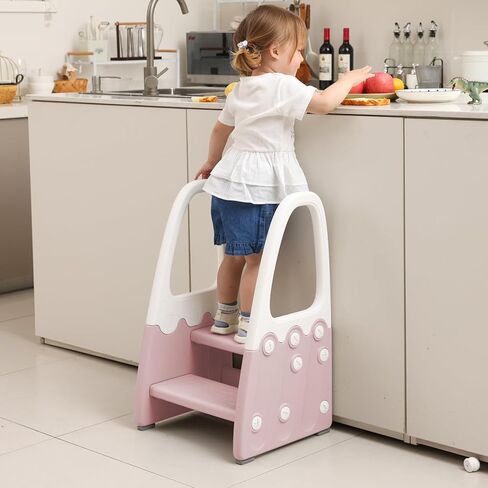 Two Step Stool with Handrails for Toddler and Kids, Standing Learning Stool Tower for Bathroom Sink, Potty Training, Children Step Up Learning Helper with Handles and Safety Non-Slip Pads(Gray) in Kuwait