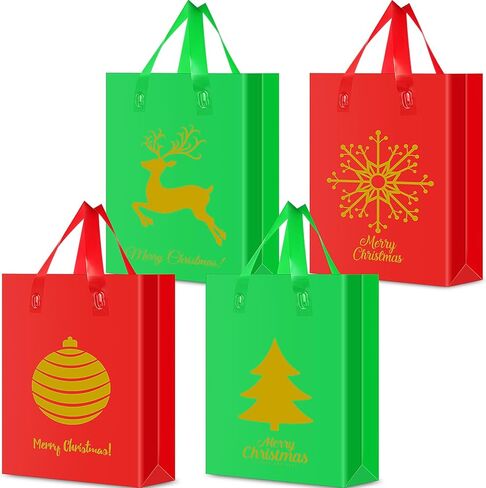 Gueevin 24 Pieces Plastic Christmas Gift Bags with Handle Reusable Xmas Red and Green Shopping Merchandise Bags with Snowflake Elk Xmas Tree Patterns 9.8 x 13.8'' for Christmas Party Favor Decor in Saudi Arabia