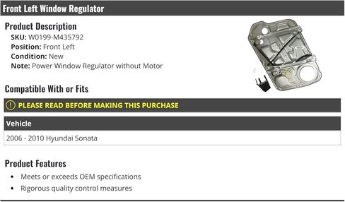 Front Left Driver Side Window Regulator (Without Motor) - Compatible with 2006-2010 Hyundai Sonata in Saudi Arabia