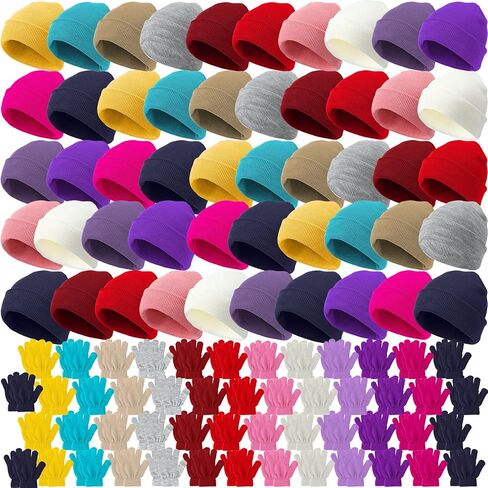 Toulite 100 Pcs Winter Beanies Gloves, Winter Hats Gloves Bulk for Toddler, Gloves and Hats for Kids Bulk, Children Warm Cold Weather Hats for Children School Donation Set in Kuwait