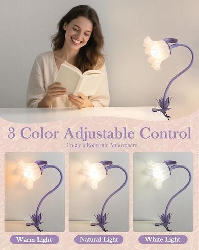 Flower Desk Lamp with Clamp - School Dorm Supplies, 3 Color Modes Flower Eye-Caring Clip on Light, Flexible Neck Reading Lamps for Home College Studying Room Bedside (Purple) in Saudi Arabia