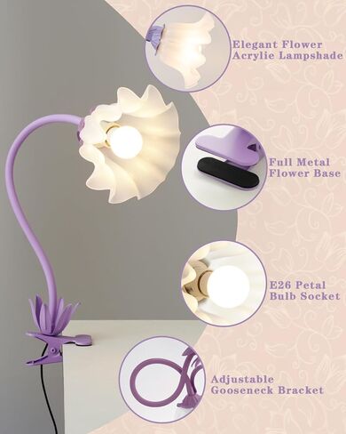 Flower Desk Lamp with Clamp - School Dorm Supplies, 3 Color Modes Flower Eye-Caring Clip on Light, Flexible Neck Reading Lamps for Home College Studying Room Bedside (Purple) in Saudi Arabia