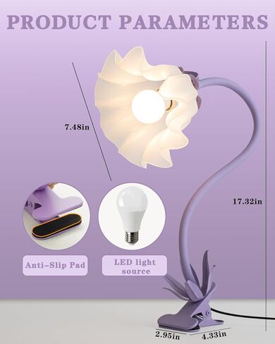 Flower Desk Lamp with Clamp - School Dorm Supplies, 3 Color Modes Flower Eye-Caring Clip on Light, Flexible Neck Reading Lamps for Home College Studying Room Bedside (Purple) in Saudi Arabia