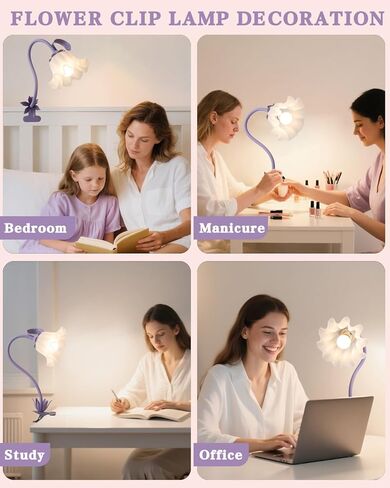 Flower Desk Lamp with Clamp - School Dorm Supplies, 3 Color Modes Flower Eye-Caring Clip on Light, Flexible Neck Reading Lamps for Home College Studying Room Bedside (Purple) in Saudi Arabia