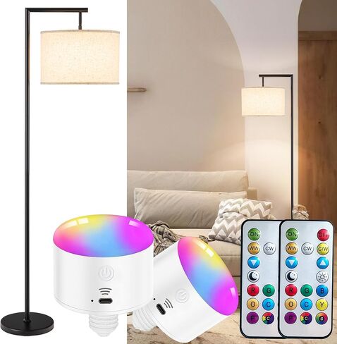 مصباح أرضي حديث يعمل بالبطارية لاسلكي لغرفة المعيشة، مصباح RGB قابل للتعتيم بقدرة 10000 مللي أمبير في الساعة مع جهاز تحكم عن بعد وقت إضاءة يصل إلى 50 ساعة، مصباح أرضي طويل القامة لغرفة النوم، 2 لمبة in Kuwait