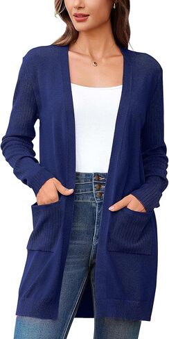 كنزة صوفية BB&KK للنساء عصرية مضلعة بأكمام طويلة مفتوحة من الأمام متماسكة كاجوال للخريف ملابس خارجية منفضة مع جيوب in Kuwait