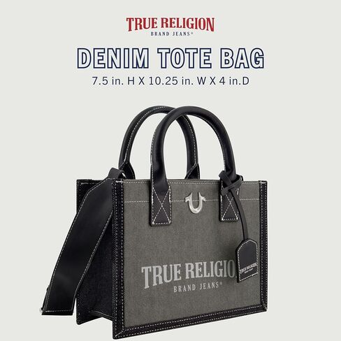 حقيبة يد نسائية من True Religion، حقيبة يد متوسطة الحجم للسفر مع حزام كتف قابل للتعديل وشعار حدوة الحصان، من الدينيم in Saudi Arabia
