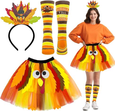 Hikkcos Thanksgiving Turkey Tutu Costume Turkey Trot Skirt with Headband Sock for Womens Thanksgiving Outfits Cosplay Party in Saudi Arabia