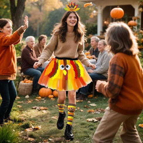 Hikkcos Thanksgiving Turkey Tutu Costume Turkey Trot Skirt with Headband Sock for Womens Thanksgiving Outfits Cosplay Party in Saudi Arabia