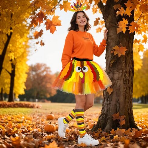 Hikkcos Thanksgiving Turkey Tutu Costume Turkey Trot Skirt with Headband Sock for Womens Thanksgiving Outfits Cosplay Party in Saudi Arabia