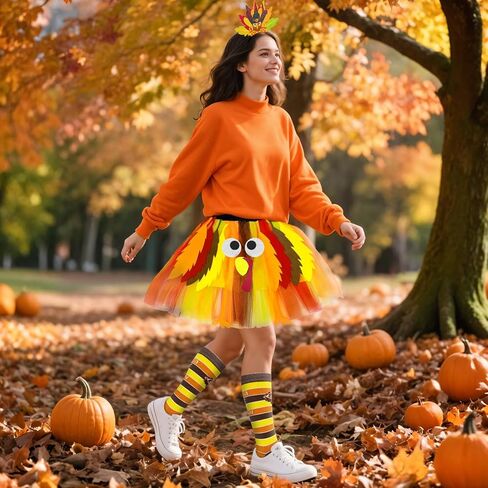 Hikkcos Thanksgiving Turkey Tutu Costume Turkey Trot Skirt with Headband Sock for Womens Thanksgiving Outfits Cosplay Party in Saudi Arabia