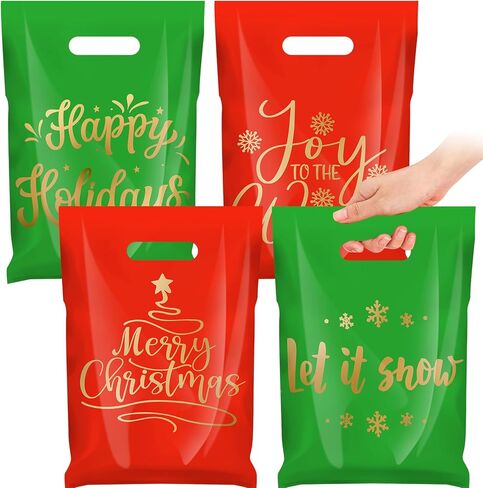 Chunful 48 Pcs Plastic Christmas Gift Bags with Handle Christmas Treat Goodie Bags Bulk Medium Red and Green Candy Cookie Snack Party Favor Handbags for Xmas Happy Holiday Gift, 7.9 x 11.8 Inch in Saudi Arabia