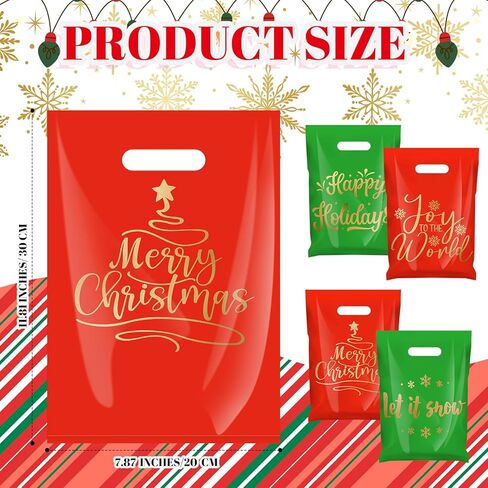 Chunful 48 Pcs Plastic Christmas Gift Bags with Handle Christmas Treat Goodie Bags Bulk Medium Red and Green Candy Cookie Snack Party Favor Handbags for Xmas Happy Holiday Gift, 7.9 x 11.8 Inch in Saudi Arabia