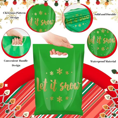 Chunful 48 Pcs Plastic Christmas Gift Bags with Handle Christmas Treat Goodie Bags Bulk Medium Red and Green Candy Cookie Snack Party Favor Handbags for Xmas Happy Holiday Gift, 7.9 x 11.8 Inch in Saudi Arabia