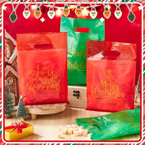 Chunful 48 Pcs Plastic Christmas Gift Bags with Handle Christmas Treat Goodie Bags Bulk Medium Red and Green Candy Cookie Snack Party Favor Handbags for Xmas Happy Holiday Gift, 7.9 x 11.8 Inch in Saudi Arabia