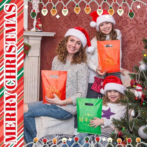 Chunful 48 Pcs Plastic Christmas Gift Bags with Handle Christmas Treat Goodie Bags Bulk Medium Red and Green Candy Cookie Snack Party Favor Handbags for Xmas Happy Holiday Gift, 7.9 x 11.8 Inch in Saudi Arabia