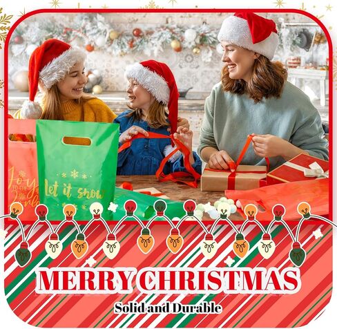 Chunful 48 Pcs Plastic Christmas Gift Bags with Handle Christmas Treat Goodie Bags Bulk Medium Red and Green Candy Cookie Snack Party Favor Handbags for Xmas Happy Holiday Gift, 7.9 x 11.8 Inch in Saudi Arabia