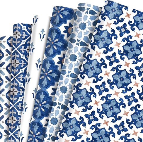 12 Sheets Moroccan Mosaic Wrapping Paper | 6 Navy Blue Vintage Mandala Designs | Moroccan Tiles Gift Wrap for Birthday Wedding Baby Shower Wrapping Holiday Crafts DIY Gift Packing,20 x 27 In in Saudi Arabia