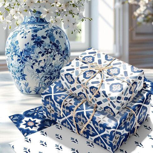 12 Sheets Moroccan Mosaic Wrapping Paper | 6 Navy Blue Vintage Mandala Designs | Moroccan Tiles Gift Wrap for Birthday Wedding Baby Shower Wrapping Holiday Crafts DIY Gift Packing,20 x 27 In in Saudi Arabia