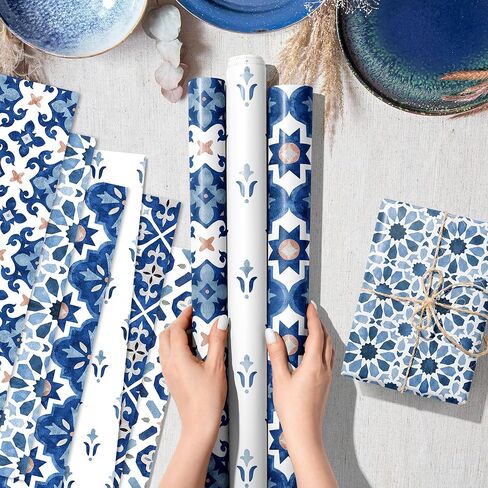 12 Sheets Moroccan Mosaic Wrapping Paper | 6 Navy Blue Vintage Mandala Designs | Moroccan Tiles Gift Wrap for Birthday Wedding Baby Shower Wrapping Holiday Crafts DIY Gift Packing,20 x 27 In in Saudi Arabia