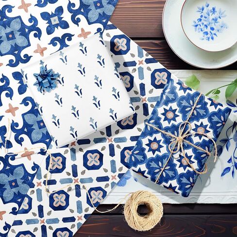 12 Sheets Moroccan Mosaic Wrapping Paper | 6 Navy Blue Vintage Mandala Designs | Moroccan Tiles Gift Wrap for Birthday Wedding Baby Shower Wrapping Holiday Crafts DIY Gift Packing,20 x 27 In in Saudi Arabia