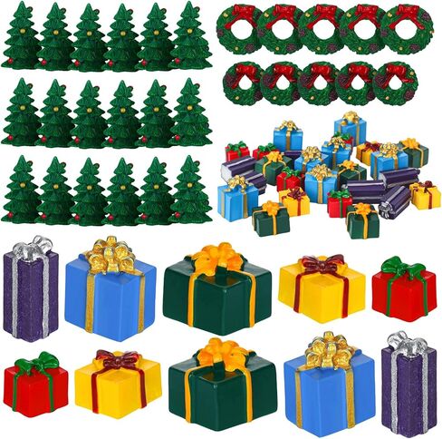 Poen 120 Pcs Mini Christmas Resin Ornaments Kit Miniature 50 Mini Resin Christmas Trees Ornament 50 Miniature Gift Box and 20 Green Xmas Wreaths Decorations for DIY Crafts in Saudi Arabia