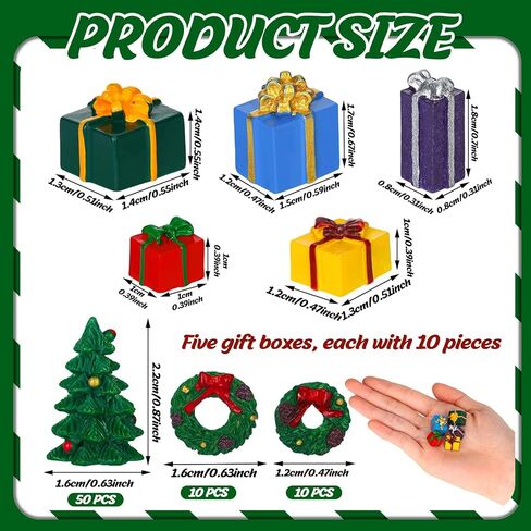 Poen 120 Pcs Mini Christmas Resin Ornaments Kit Miniature 50 Mini Resin Christmas Trees Ornament 50 Miniature Gift Box and 20 Green Xmas Wreaths Decorations for DIY Crafts in Saudi Arabia