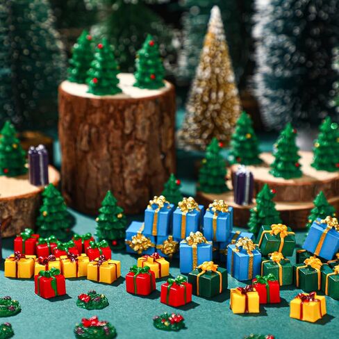 Poen 120 Pcs Mini Christmas Resin Ornaments Kit Miniature 50 Mini Resin Christmas Trees Ornament 50 Miniature Gift Box and 20 Green Xmas Wreaths Decorations for DIY Crafts in Saudi Arabia