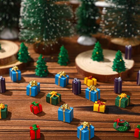 Poen 120 Pcs Mini Christmas Resin Ornaments Kit Miniature 50 Mini Resin Christmas Trees Ornament 50 Miniature Gift Box and 20 Green Xmas Wreaths Decorations for DIY Crafts in Saudi Arabia