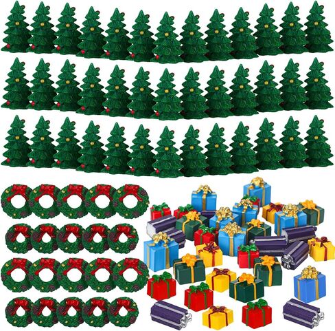 Poen 120 Pcs Mini Christmas Resin Ornaments Kit Miniature 50 Mini Resin Christmas Trees Ornament 50 Miniature Gift Box and 20 Green Xmas Wreaths Decorations for DIY Crafts in Saudi Arabia