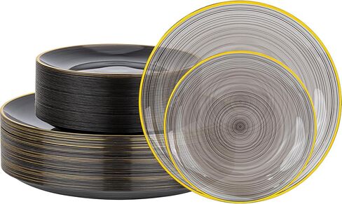 أطباق بلاستيكية ذهبية 100 قطعة من Morejoy - أطباق ذهبية شفافة للاستعمال مرة واحدة - أطباق عشاء بلاستيكية شفافة مقاس 10.25 بوصة مع حافة ذهبية لحفلات الزفاف والحفلات والاستحمام وعيد الشكر in Kuwait