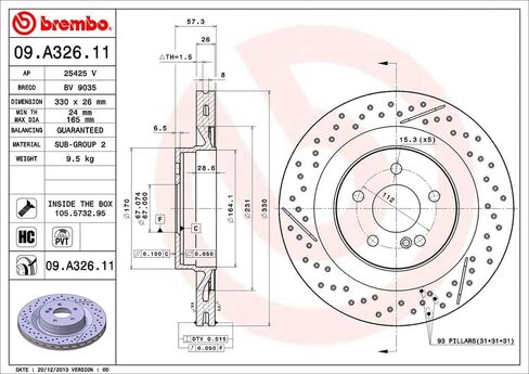 Brembo 09.A326.11 دعامة مطلية بالأشعة فوق البنفسجية بفتحات تهوية + دوار فرامل خلفي مشقوق M Mercedes-Benz OE # A2044230412 in Saudi Arabia