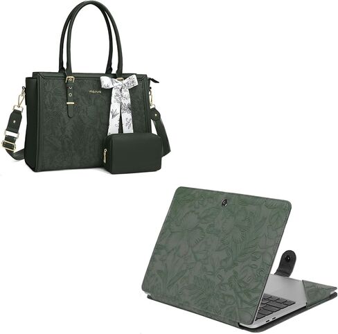 MOSISO Embossed Retro Hibiscus PU Leather Portfolio Protective Stand Cover&Laptop Tote Bag, 15.6-16 inch PU Leather Embossed Retro Hibiscus Computer Bag with Silk Scarf&Clutch Purse, Emerald Green in Saudi Arabia