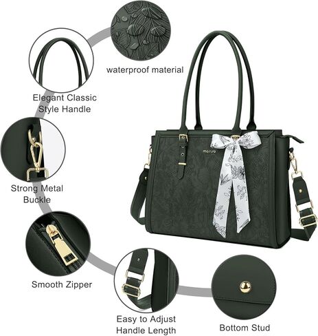 MOSISO Embossed Retro Hibiscus PU Leather Portfolio Protective Stand Cover&Laptop Tote Bag, 15.6-16 inch PU Leather Embossed Retro Hibiscus Computer Bag with Silk Scarf&Clutch Purse, Emerald Green in Saudi Arabia