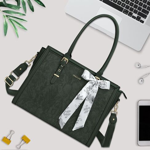 MOSISO Embossed Retro Hibiscus PU Leather Portfolio Protective Stand Cover&Laptop Tote Bag, 15.6-16 inch PU Leather Embossed Retro Hibiscus Computer Bag with Silk Scarf&Clutch Purse, Emerald Green in Saudi Arabia