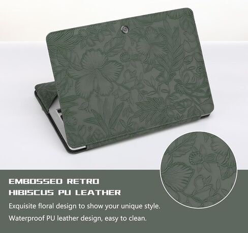 MOSISO Embossed Retro Hibiscus PU Leather Portfolio Protective Stand Cover&Laptop Tote Bag, 15.6-16 inch PU Leather Embossed Retro Hibiscus Computer Bag with Silk Scarf&Clutch Purse, Emerald Green in Saudi Arabia