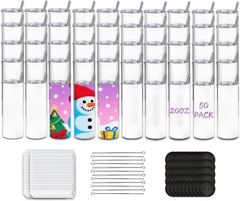 50 Pack Sublimation Blanks, 20oz Sublimation Tumblers Skinny Straight with Lids and Straws Bulk, Stainless Steel Double Wall Polymer Coating for Heat Transfer DIY Gifts in Saudi Arabia