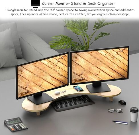 حامل شاشة زاوية منحني من الخشب الصلب، حامل شاشة قوسي لتنظيم المكتب المكتبي، ارتفاعان وحجمان لرف الكمبيوتر (اللون: أسود، الحجم: كبير-11 سم (4 3/8")) in Kuwait