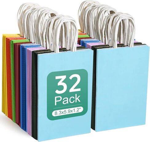 VANKUTL 32 قطعة من أكياس الهدايا الورقية الصغيرة بمقابض، 8.3 بوصة × 5.9 بوصة × 1.2 بوصة 8 ألوان للحفلات المفضلة مع مقابض، حقيبة هدايا ورقية بألوان قوس قزح لحفلات الزفاف وأعياد الميلاد ومستلزمات الحفلات والهدايا in Kuwait