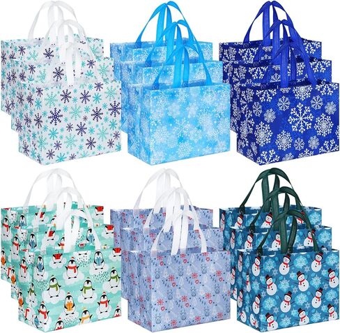 Sanwuta 48 Pcs Christmas Bags Bulk for Gifts 12.8 x 9.8 x 6.7 in Large Tote Treat Grocery Bags with Handles Snowman Blue White Snowflake Reusable Non Woven Pocket for Holiday Wrapping Shopping in Saudi Arabia