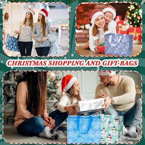 Sanwuta 48 Pcs Christmas Bags Bulk for Gifts 12.8 x 9.8 x 6.7 in Large Tote Treat Grocery Bags with Handles Snowman Blue White Snowflake Reusable Non Woven Pocket for Holiday Wrapping Shopping in Saudi Arabia