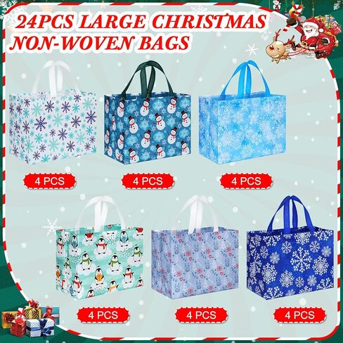 Sanwuta 48 Pcs Christmas Bags Bulk for Gifts 12.8 x 9.8 x 6.7 in Large Tote Treat Grocery Bags with Handles Snowman Blue White Snowflake Reusable Non Woven Pocket for Holiday Wrapping Shopping in Saudi Arabia