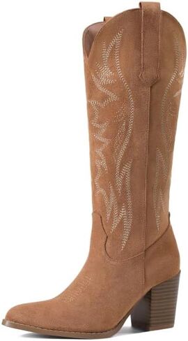 AOSPHIRAYLIAN Cowboy Boots for Women Pointed Toe Knee High Cowboy Boots Women Wide Calf Cowgirl Western Embroidery Pull On Chunky Block High Heels Boot in Saudi Arabia