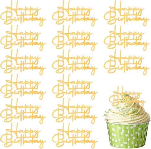 15 Pcs Happy Birthday Cupcake Toppers, Gold Happy Birthday Cake Topper Acrylic Cake Topper Gold Cupcake Toppers Cakes Decoration for Party Celebration Dessert Decor Accessories Cakes Supplies in Kuwait
