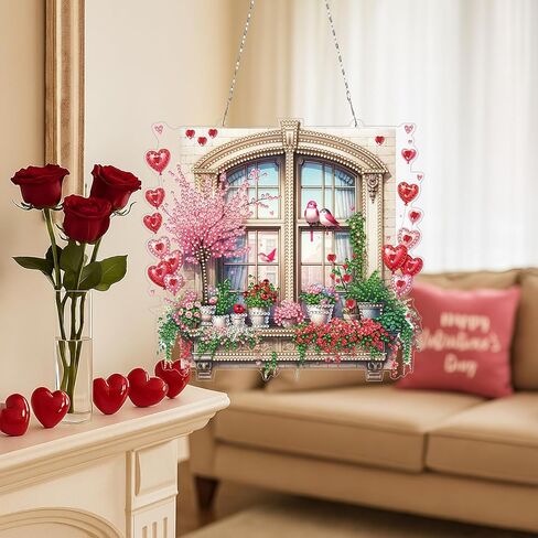 DoxQcs DIY Valentine’s Day Diamond Art Painting Wreath Kits Special Shape Rhinestone Window Pendants Hanging Home Garden Wall Double-Sided Pattern (Single Side Point Drill)-Wreath in Saudi Arabia