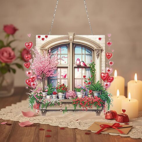 DoxQcs DIY Valentine’s Day Diamond Art Painting Wreath Kits Special Shape Rhinestone Window Pendants Hanging Home Garden Wall Double-Sided Pattern (Single Side Point Drill)-Wreath in Saudi Arabia