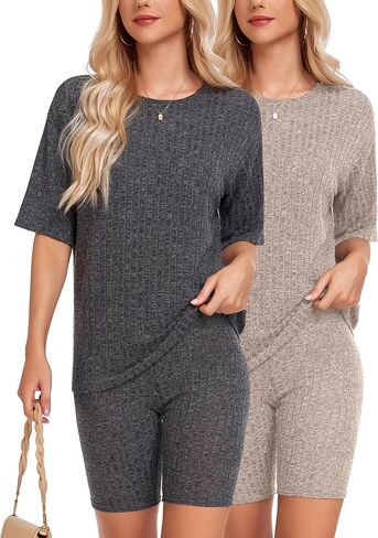 Aranmei 2 Pack Women's Lounge Sets بيجامة مجموعة مضلع متماسكة مطابقة تي شيرت وسروال السائق ملابس النوم ملابس النوم in Saudi Arabia